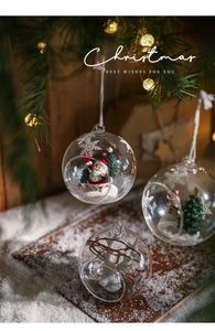 Detailed view of clear glass Christmas ornaments with miniature festive scenes inside