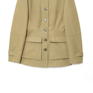 Khaki utility jacket with stand collar and waist cinching detail on white background