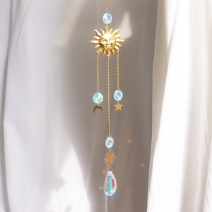 Golden sun moon and star crystal suncatcher wind chime for garden with rainbow prisms