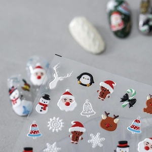 5D embossed Christmas nail stickers featuring Santa, reindeer and snowman patterns
