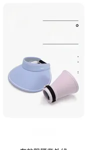 Close-up of UV-CUT fabric sun visors in blue and lavender with UPF 50+ protection