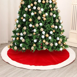 Festive red Christmas tree skirt with green bows and white plush faux fur border decor