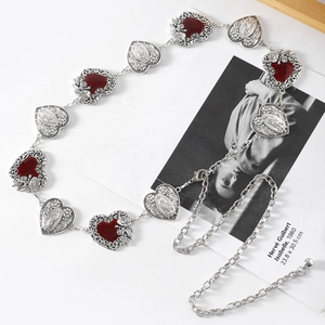 Vintage Women Heart Metal Waist Chain Belt With Red Enamel Religious Relief Carving Adjustable Silver Decorative Link Chain