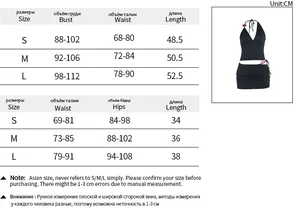 Tableau détaillé des tailles pour ensemble haut dos nu sexy et mini-jupe avec mesures