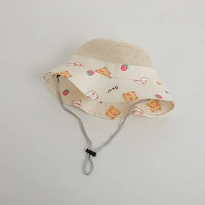 Close-up of kids sun hat with breathable mesh crown and cute printed bear patterns