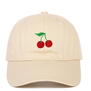 Unisex beige cotton baseball cap with cherry embroidery for outdoor sun protection