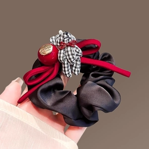 French black and red scrunchie with houndstooth bear charm and elegant velvet bow tie