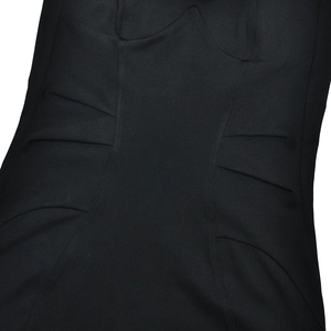 Detail of black knitted dress featuring ruched waist design and premium fabric texture