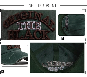 Detail view of 3D embroidery and distressed washed cotton on a vintage green baseball cap