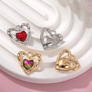 Hollow heart pendants with crystal inlay in gold and silver finish for DIY jewelry