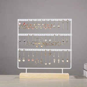 Earring Display Stand Holder Jewelry Organizer Metal Frame With Wooden Base Desktop Multi Tier Hole For Ear Studs Hanging