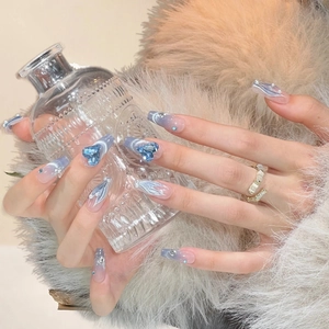 Long Coffin Press On Nails Ice Blue Gradient Heart Rhinestone Artificial Pearl Cat Eye Luxury Fake Nails For Women Manicure
