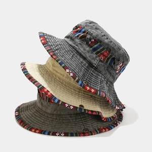 Washed canvas bucket hats with ethnic woven bands in grey, beige and olive green colors