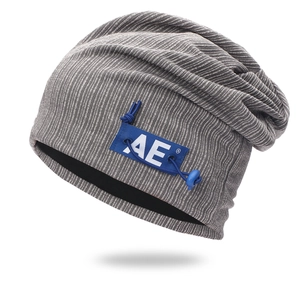 Gray knitted beanie with vertical stripes and blue AE patch for men and women