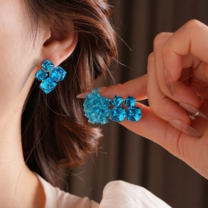 Sky blue crystal flower cluster stud earrings with silver needles for women