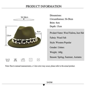 Army green wool fedora jazz hat for women with pearl trim and stylish curved brim