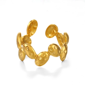Irregular oval geometric hammer textured open ring in polished gold stainless steel