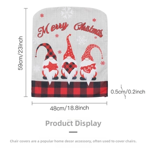 Detailed dimensions of Gnome Christmas chair cover measuring 59cm by 48cm with red plaid