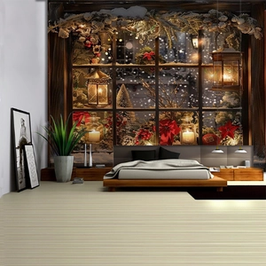 Detailed Christmas wall tapestry featuring a winter window with candles and lanterns