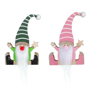 Set of two decorative Christmas wooden gnomes with glitter accents and plush beards