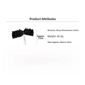 Lace bow hair clip specs showing alloy and rhinestone materials with tassel details