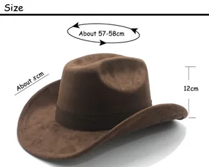 Detailed size chart for the faux suede western cowboy hat with crown and brim dimensions