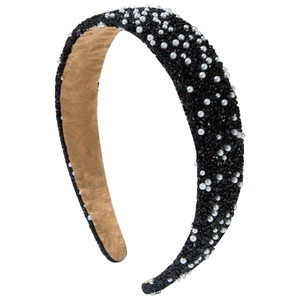 Luxe wide black headband featuring sparkling rhinestones and elegant white pearls