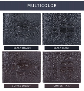 Matrix view of men's short wallets in black and brown with crocodile head and tail textures