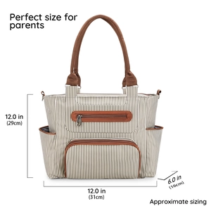Detailed size specifications for the striped diaper bag with leather handles