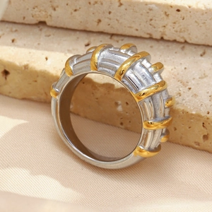 Minimalist wide band stainless steel ring with 18K gold textured ribbed stripes for women