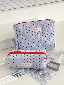 Quilted blue cosmetic bag set with red heart patterns and large capacity storage