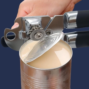 Manual 3-in-1 stainless steel can opener with ergonomic black handle for kitchen use