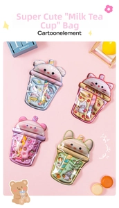 Detailed view of four colorful cute bear milk tea shaped cartoon resealable snack bags
