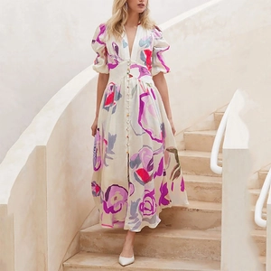 Floral puff sleeve maxi dress with deep V-neck and front buttons on a model outdoors