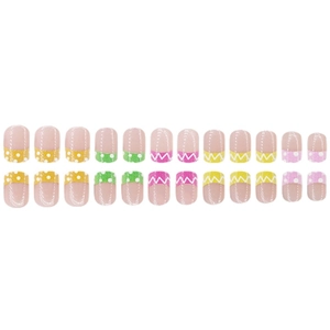 24pcs French tip press-on nails set with colorful polka dots and wave patterns