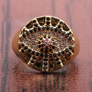 Gold evil eye ring for women with micro-paved black, white, and red zircon stones