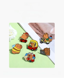 Cute cartoon capybara enamel pin set, fun animal metal brooch badge for backpack clothes decoration.