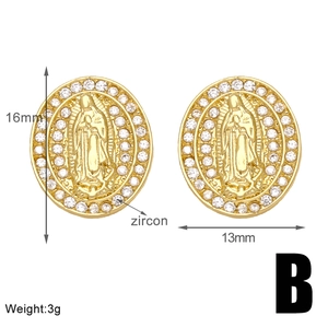 Detail view of Virgin Mary earrings with zircon inlay showing dimensions 16mm and 3g weight