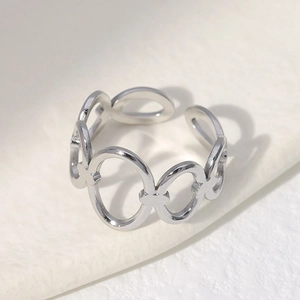 Minimalist adjustable stainless steel chain ring with oval links and cross details