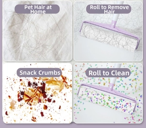Detail view of purple lint roller cleaning hair and snack crumbs on white fabric
