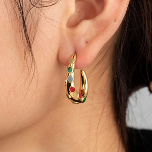 Chic C-shaped gold-plated hoop earrings with vibrant multi-colored inlaid crystals