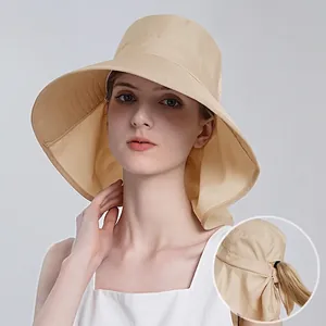 Beige wide brim sun hat with neck protection and ponytail hole for outdoor use