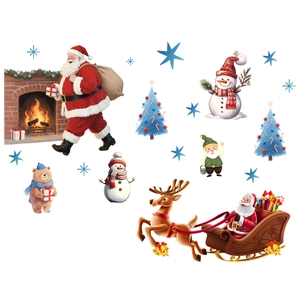 Flat lay of Santa Claus, snowmen, and reindeer Christmas wall sticker set for home decor