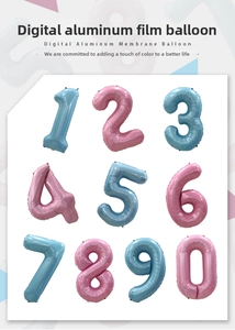 Macro detail of macaron blue and pink number balloons in aluminum foil material