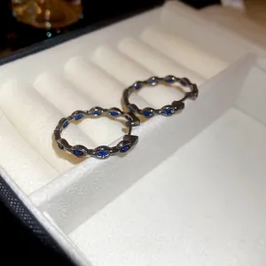 Vintage geometric black hoop earrings with blue zircon crystals for women