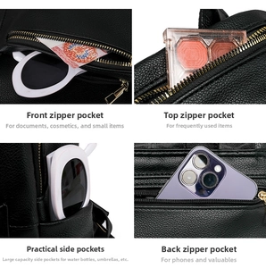 Detail view of black lychee leather backpack showing multi-pocket storage and gold zippers