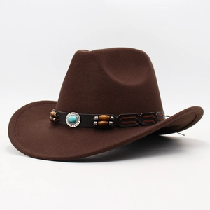 Dark brown felt cowboy hat with turquoise stone and beaded band for stage performance