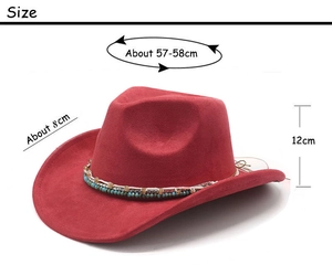 Detail showing red suede cowboy hat with bohemian beaded band and 8cm wide brim