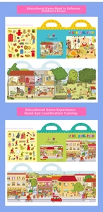 Detail showing interactive dinosaur scene sticker book with carrying handle for kids