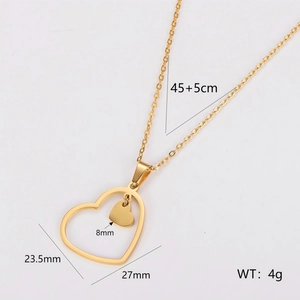 Gold double heart necklace with镂空 hollow frame and solid small heart pendant for women